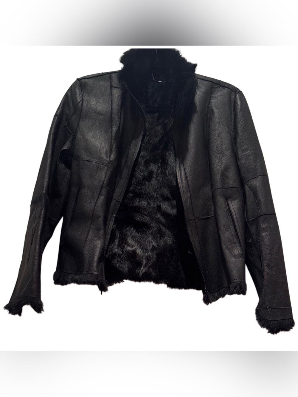 Guess Black Leather Jacket with Rabbit Fur Lining — Size M - Picture 3 of 11